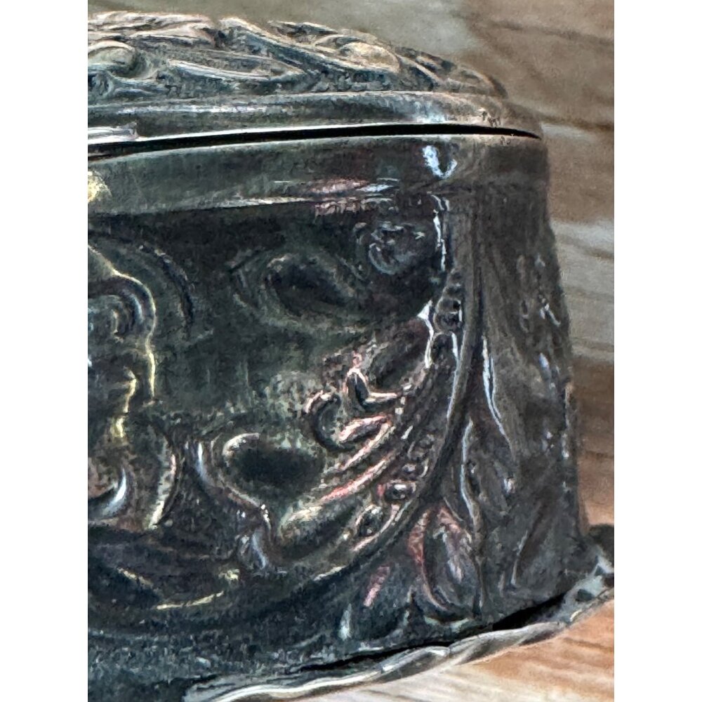 Antique Ornate Silver Hinged Trinket Box With Floral & Scrollwork Design - Picture 5 of 11